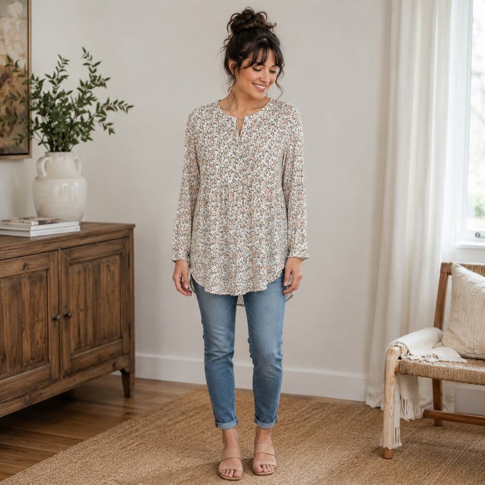 Hinge Boho Floral Hi-Low Long Sleeve Blouse Henley Button Women's Medium